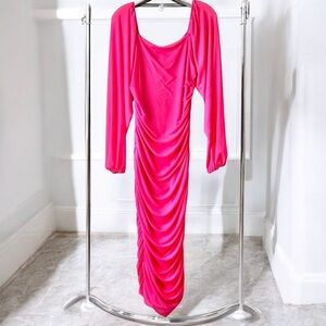 Ruched Hot Pink Long Sleeve Bodycon Dress
